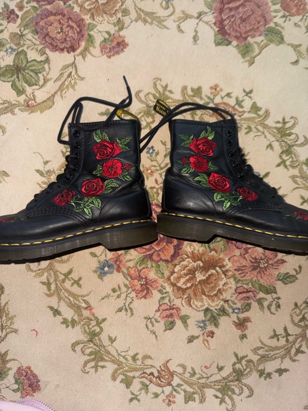 Dr. Martens Black Leather Lace-Up Boots with Red Rose Embroidery